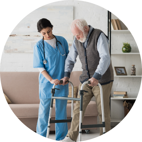 nurse assisting patient with walker